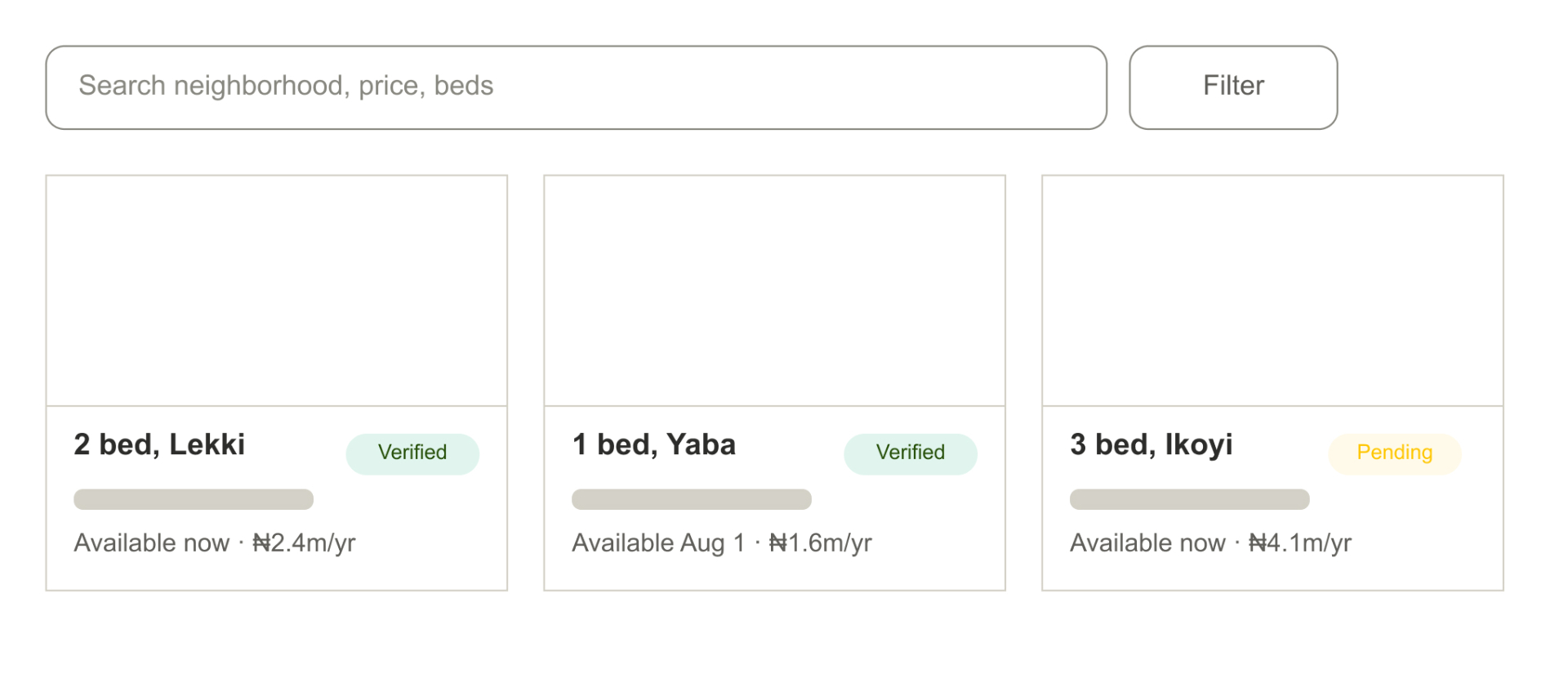 Browse listing: search bar with verified and pending status chips on each result.